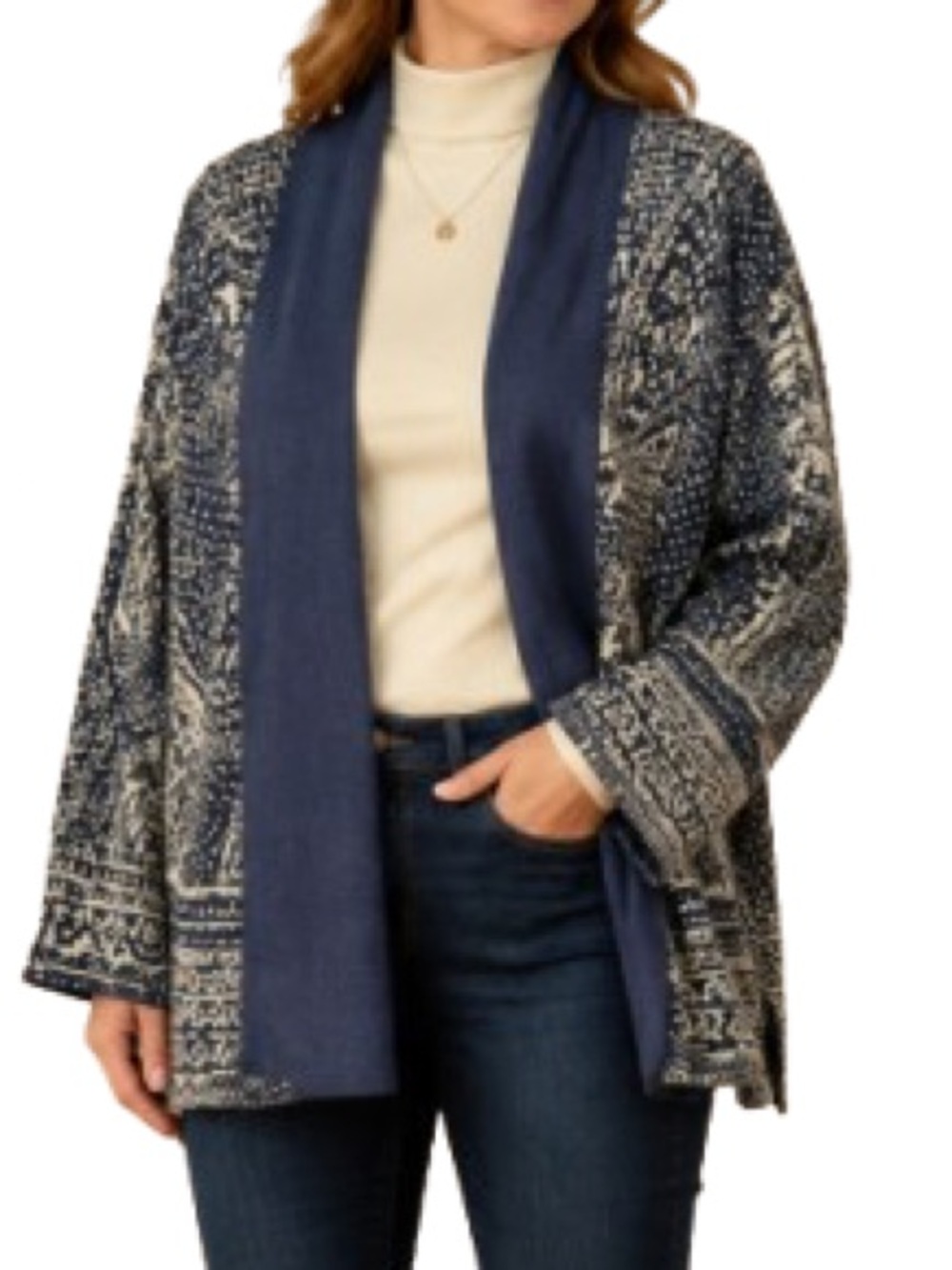 J. Jill Navy & Cream Open Front Cardigan Petite Medium Cozy Knit
